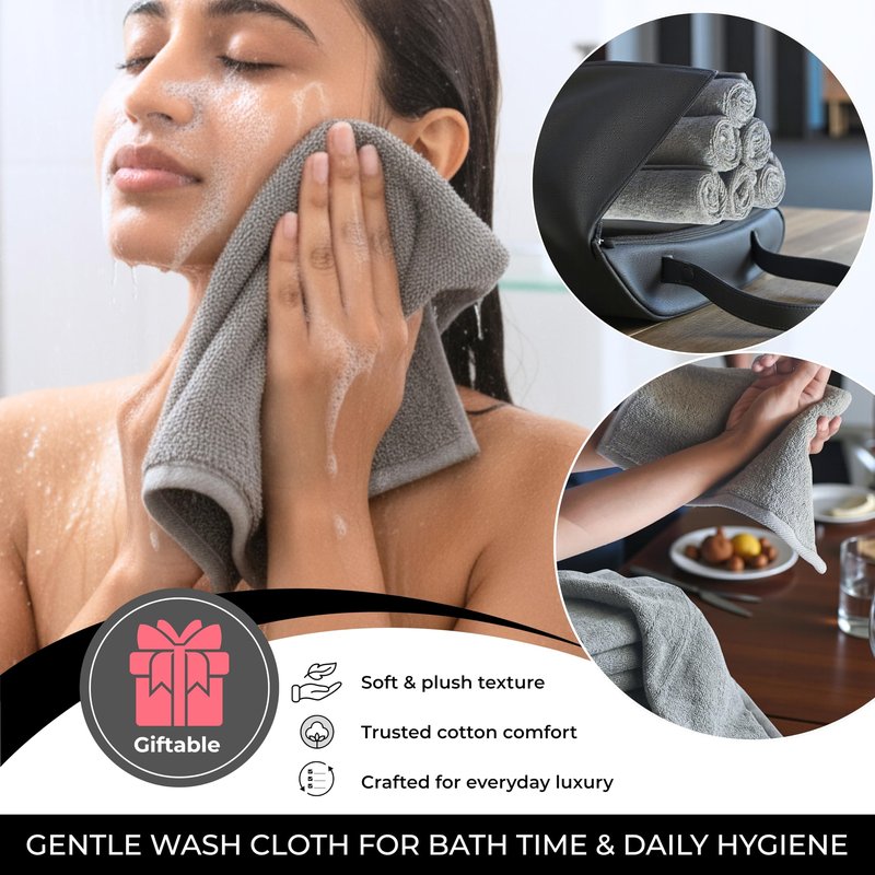LIVINATI Thick Gray 100% Cotton Wash Cloths for Showering Body and Face - 12"X12" 6 Pack Washcloths - Small Terry Towel Bath Rags for Adults and Kids Bathroom - Soft Absorbent