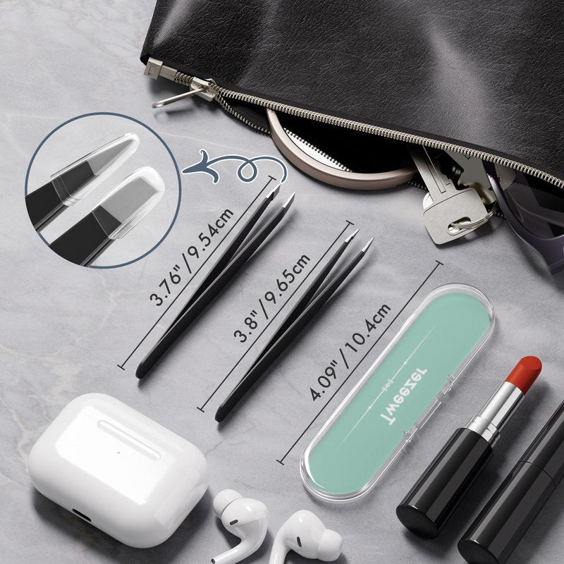 EZ2LIVE Tweezers for Women Facial Hair, Slant & Point Tip 2 Pack Eyebrow Tweezers for Men, Professional Tweezer Set Stainless Steel Precision Tweezers for Eyebrows, Splinter, Ingrown Hair Removal
