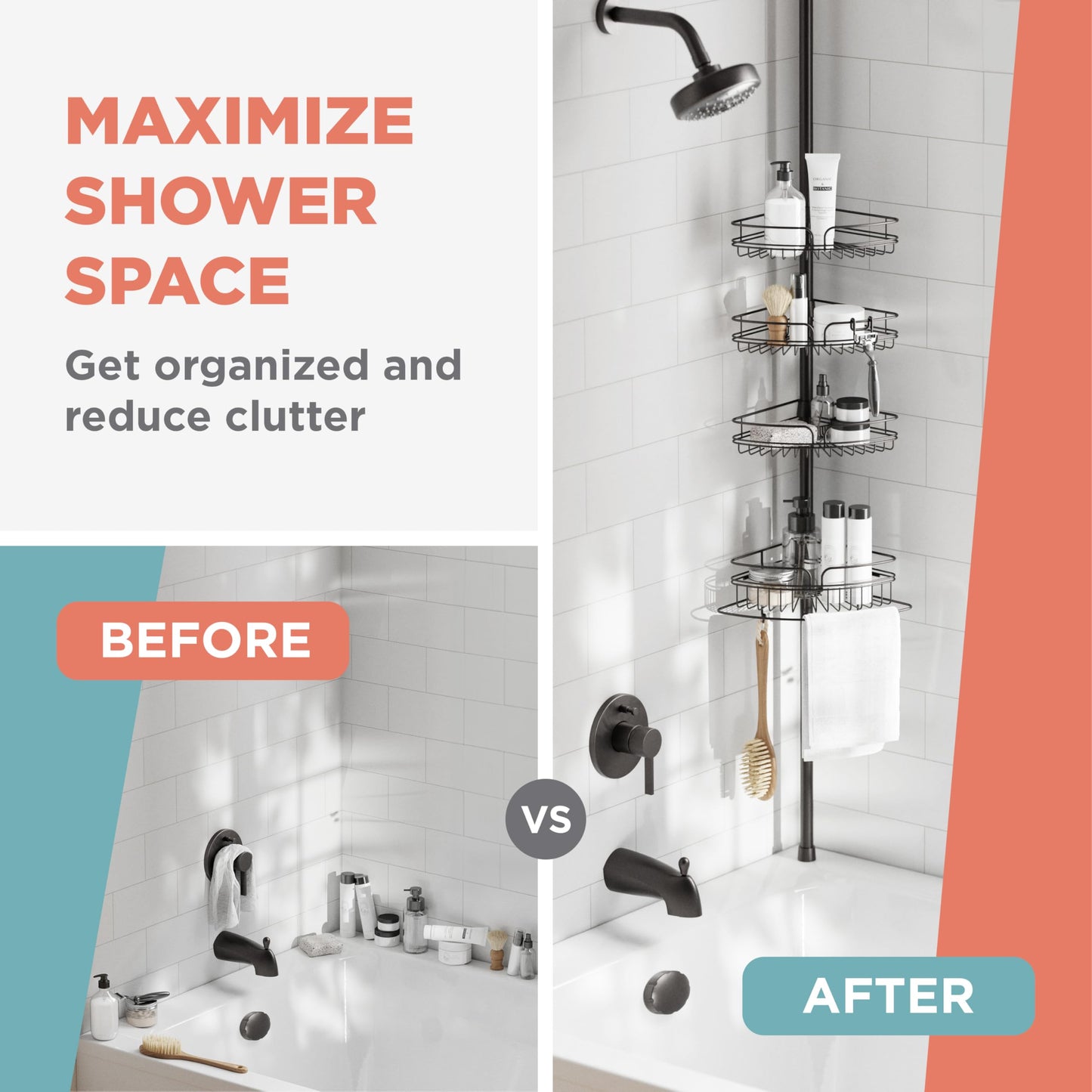 Zenna Home Tension Pole Shower Caddy Corner Organizer, Adjustable Standing Shower Caddy with 4 Baskets and Built in Towel Bar, Rust Resistant Bathroom Tension Rod Organizer, 60 to 97 Inch, Bronze