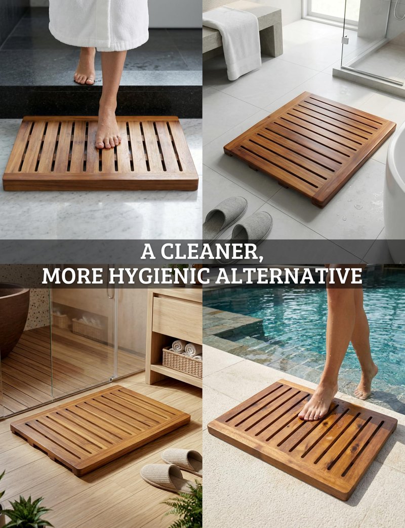 Acacia Wood Shower Mat 24x18 Inches by Demigo, Luxury Bath Mat Non Slip for Bathroom Bathtub Shower Spa Garden Home, Wooden Floor Mat Square Large for Outdoor and Indoor