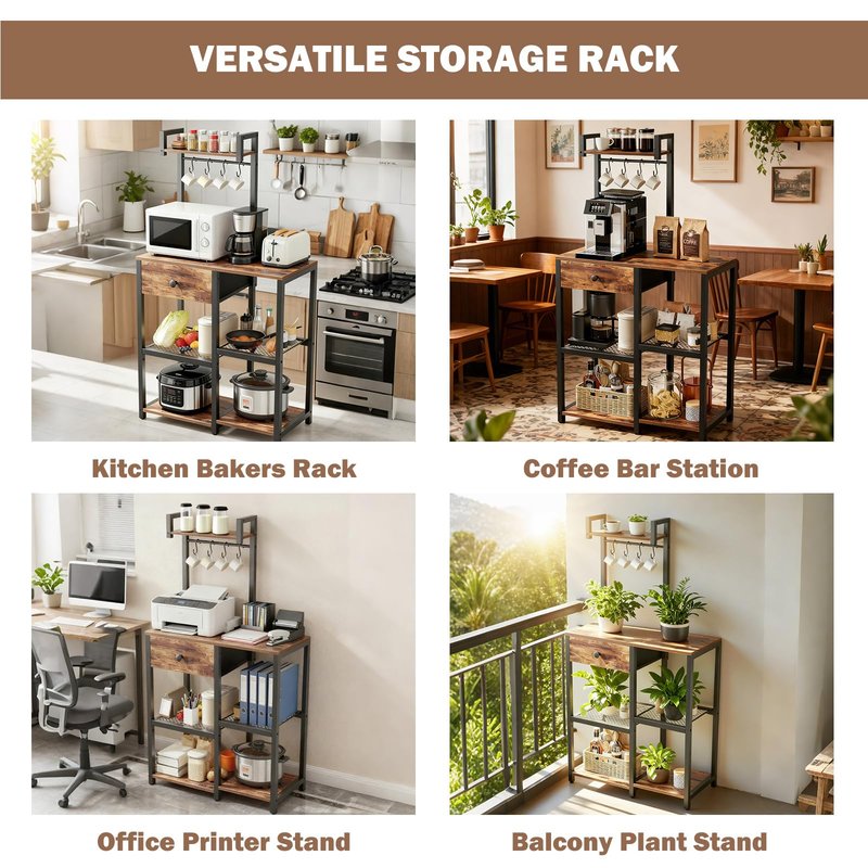 Bakers Rack with Storage,Microwave Stand with Drawer,6 Tier Coffee Bar Organizer Station,Adjustable Microwave Stand with Hooks,Free Standing Kitchen Appliance Storage Shelf,Baker Rack for Spices,Pots