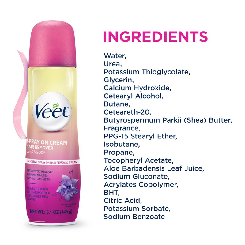 Hair Removal Cream – VEET Legs & Body 3 in 1 Spray On Hair Removal Cream, Sensitive Formula with Aloe Vera and Vitamin E, 5.1 oz Spray Can