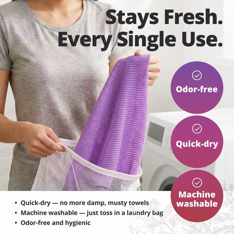 aisen Japan - Gentle Exfoliating Shower Towel, Ultra-Soft Japanese Nylon Body Scrubber, Long 47" Back Towel, Quick-Dry, Colorfast & Odor-Resistant, Made in Japan | Home & Spa (Purple)