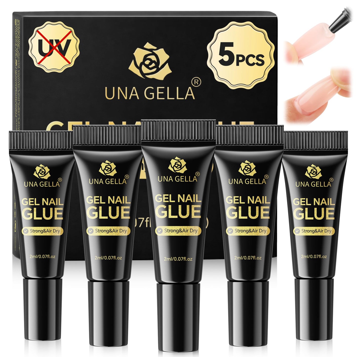 UNA GELLA Super Strong Nail Glue 2ml x 5Pcs for Press On Nails, Nail Tips & Clear Fake Nails, Mini Tubes Quick Drying Semi Solid Nail Glue for Press ons No UV Light Needed Long Lasting Mess-Free
