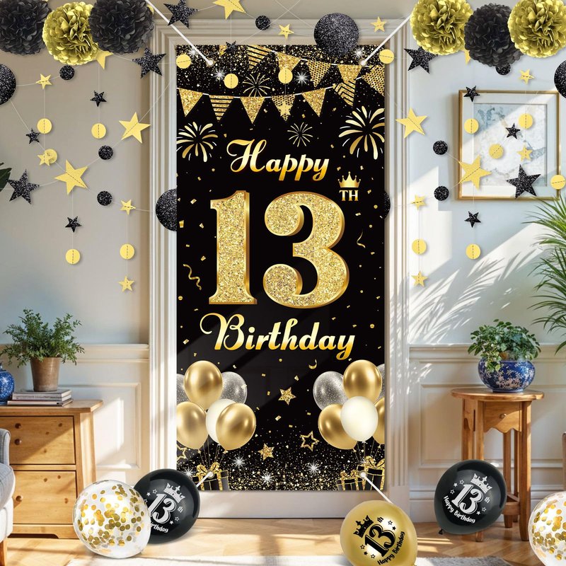 TSVATE 15th Birthday Decorations for Boys, Black Gold 15 Birthday Boy Decorations, Happy 15th Birthday Backdrop, Banner, Number 15 Balloons, Pompoms, Star Garland, 15 Year Old Boy Birthday Decorations