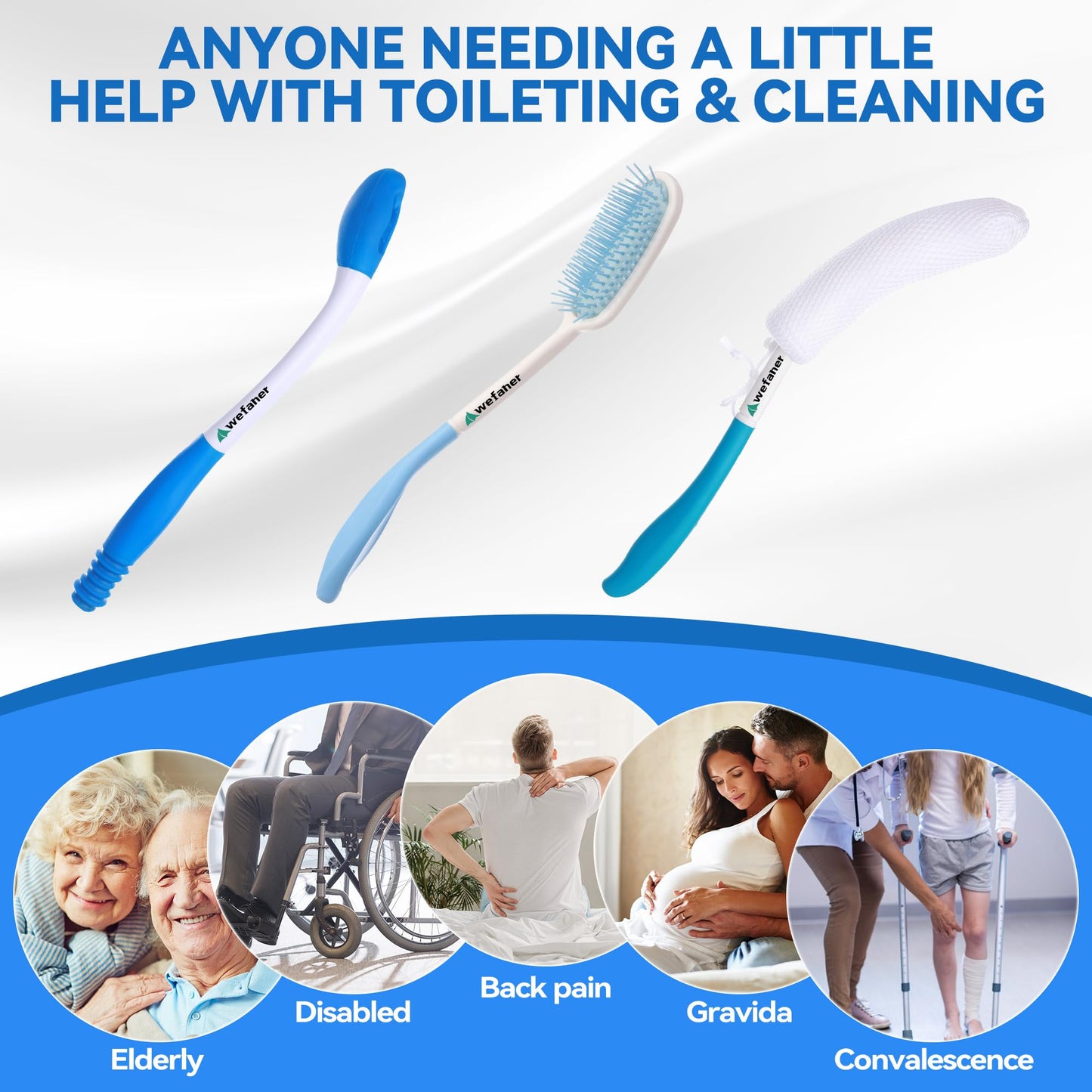 Wefaner Toilet Aids Set for Wiping - Long Handle Butt Wiper, Anti-Slip Curved Handle Bath Body Brush and Curve Hair Brush for People Overweight, Elderly and Disabled People(3PCS Personal Hygiene Kit)