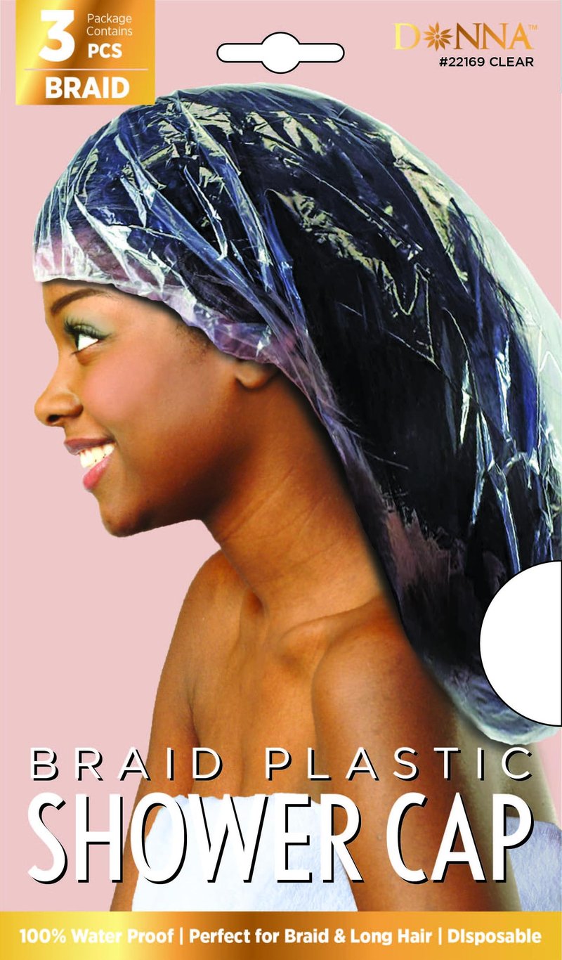 DONNA Braid Plastic Shower Cap – Extra Large Disposable Shower Caps for Braids & Long Hair – Waterproof & Lightweight Hair Protection – 3 Pack, Clear