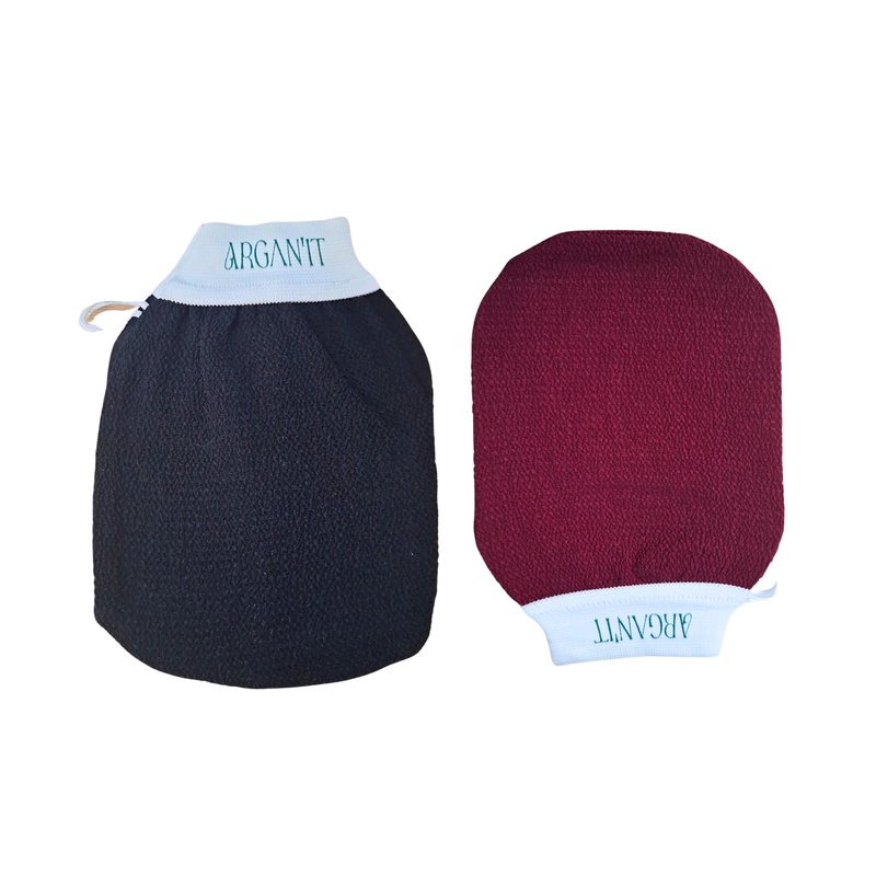 Moroccan Exfoliating Kessa Glove - Traditional Beauty Essential for Deep Skin Cleansing, Skin Exfoliation & Dead Skin Removal (set of 2 body (Black / garnet))