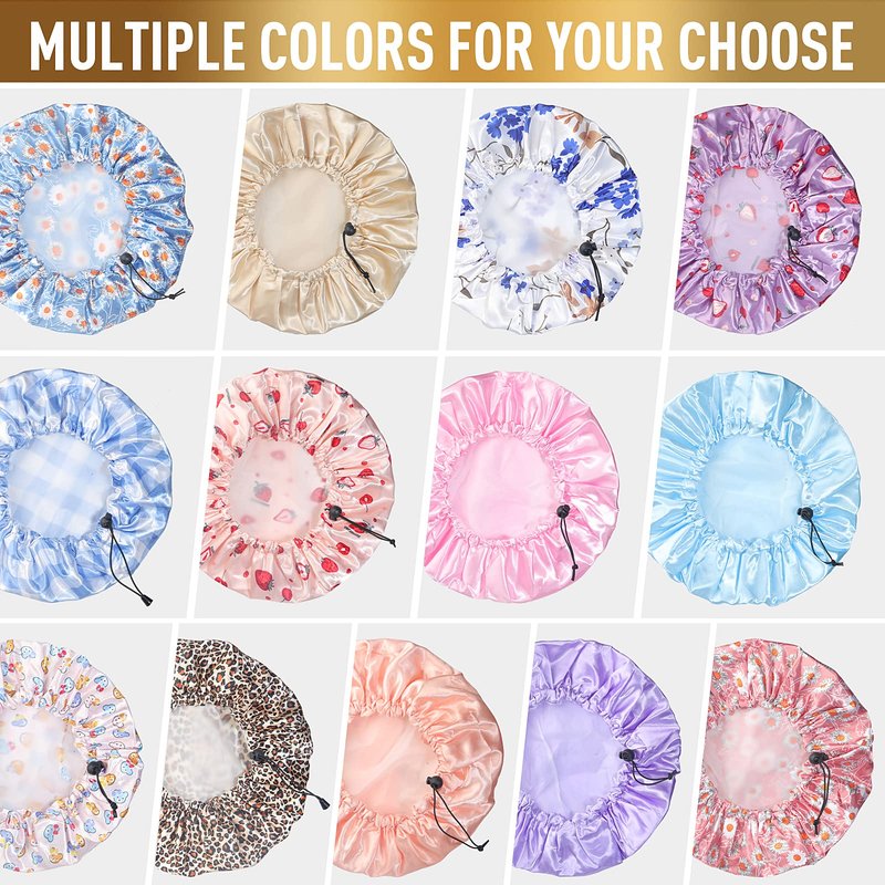 Reusable Shower Cap, Hair Cap, Oversized Waterproof Shower Caps Large Designed for all Hair Lengths with PEVA Lining & Elastic Band Stretch Shower Hat - Blue Flower Shower Caps for Women