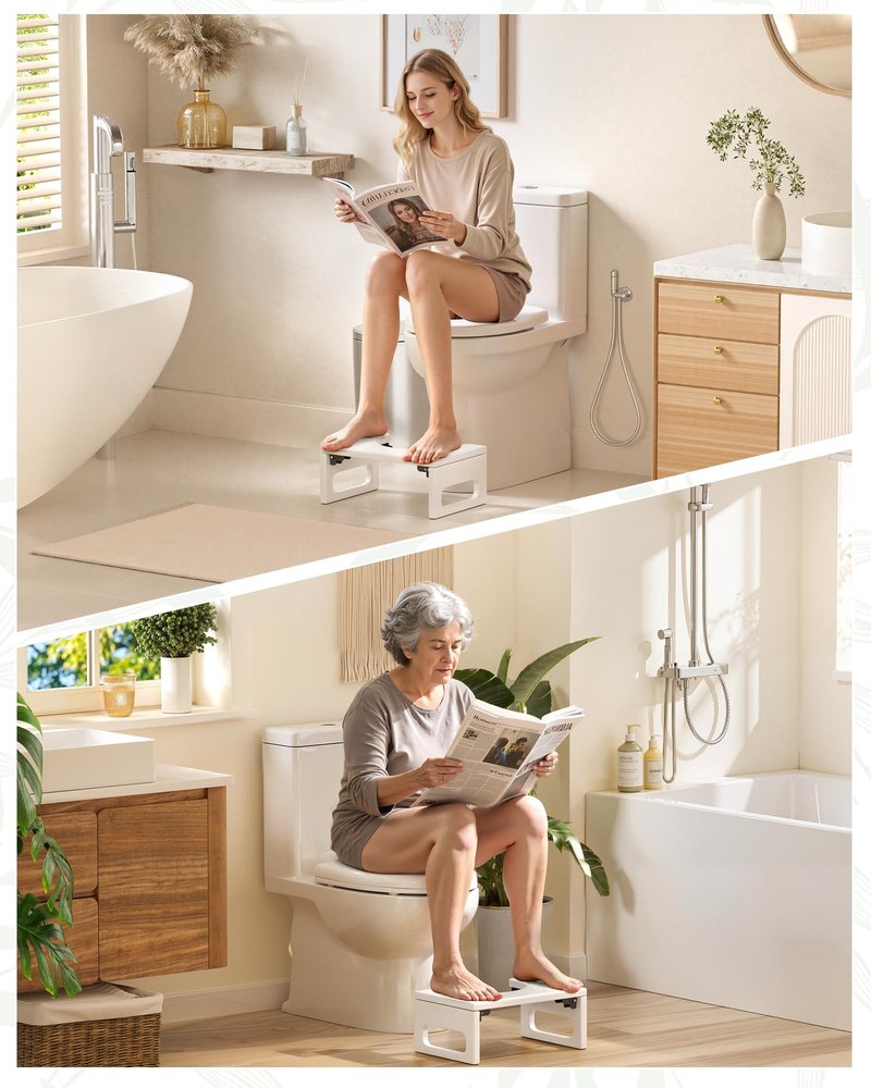 AmazerBath 7 Inches Bamboo Toilet Stool Squat for Adults, Foldable Poop Stool for Bathroom, 0.79" Thickness Potty Step Stool with Non-Slip Strip, No Assembly Required, Space-Saving, White