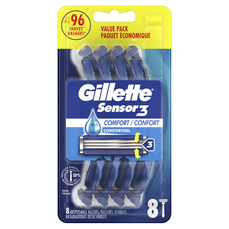 Gillette Sensor3 Comfort Disposable Razors for Men, 8 Count, Lubrastrip Glides Easily Over Your Skin