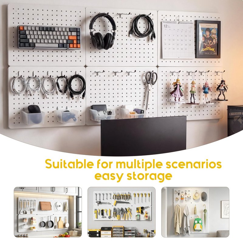 PHX Grove Peg Board for Tools, 6 Pack Metal Pegboard Wall Organizer with Hooks,12"×16" White Pegboard Panels for Walls Home, Garage Tool Storage, Kitchen, Office Organization, Craft Room