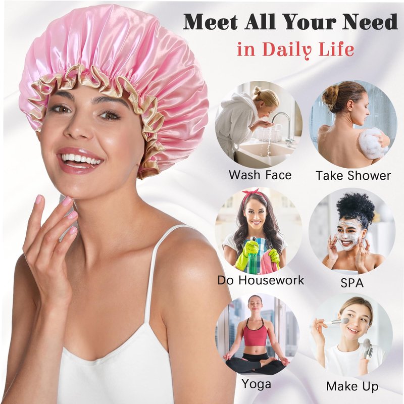 choshion Shower Cap Reusable Waterproof, Large Shower Cap for Women, Shower Caps for Braids Long Hair, Double Layer Satin Plastic Hair Cap for Shower