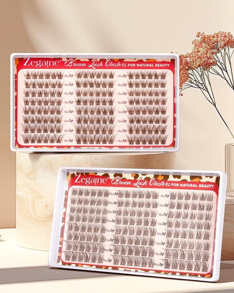 Short Brown Lash Clusters 10-12-14MM Natural Eyelash Clusters Clear Band Wispy Cluster Eyelash Extensions C-Curly Short Lashes Clusters Brown Natural Cluster Lashes 144Pcs by Zegaine