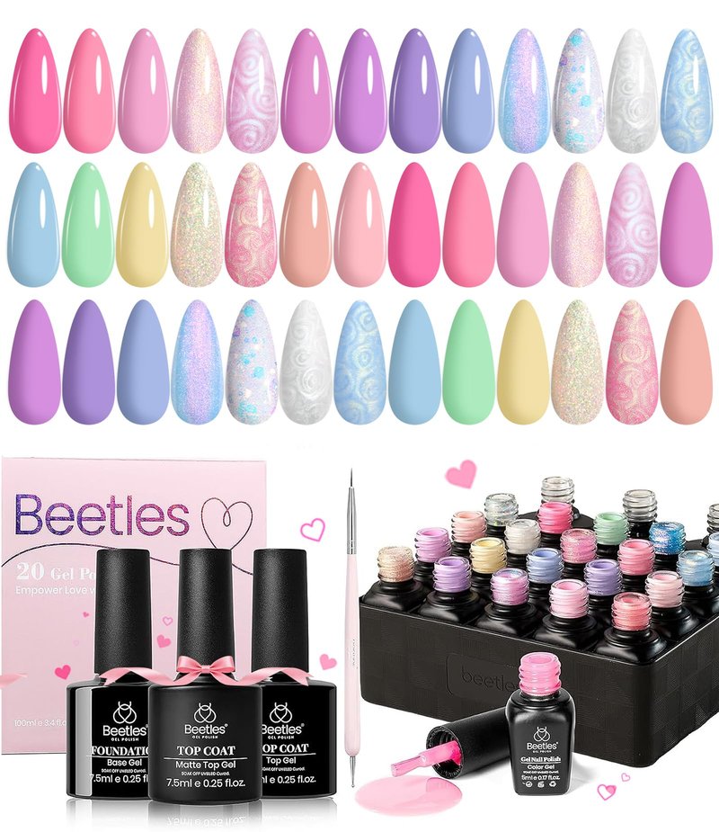 Beetles Pastel Gel Nail Polish Set - 24Pcs Macaron Spring Gel Polish with 3Pcs Base Top Coat, Pink Purple Blue Shimmer Green Colors Double-ended Brush Soak off UV Nail Gifts for Women