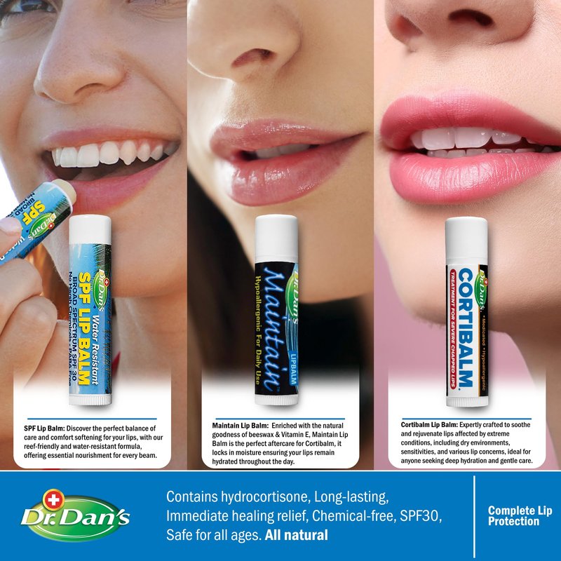 Dr. Dan's Complete Lip Care Kit - SunScreen SPF 30, CortiBalm for Chapped Lips, and Maintain Balm Moisturizer - Soothing Trio for Ultimate Health