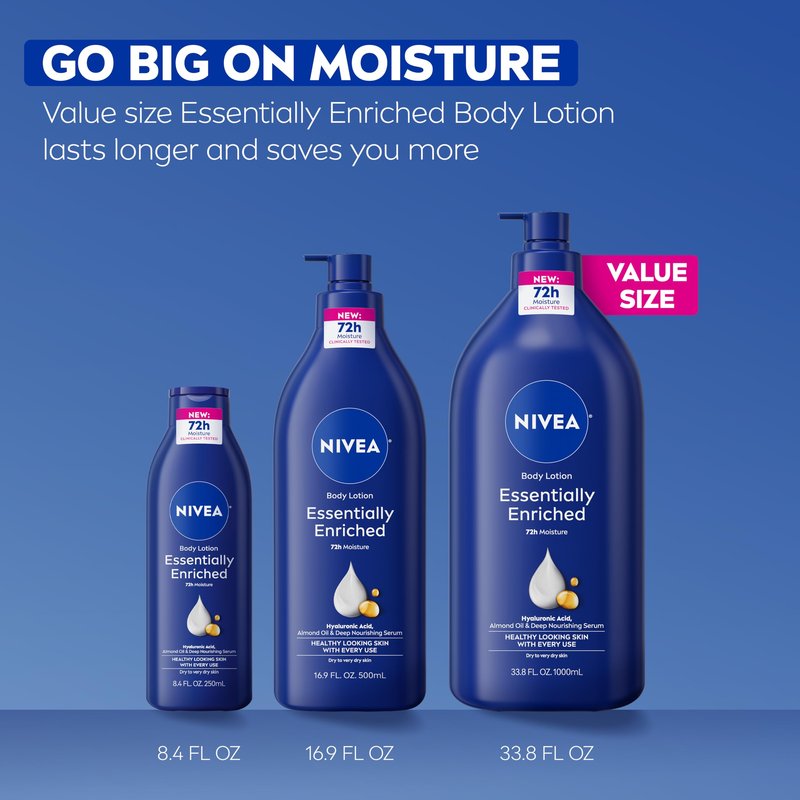 NIVEA Essentially Enriched Body Lotion for Very Dry Skin with Hyaluronic Acid, Almond Oil and Deep Nourishing Serum, 72-Hour Body Moisturizer, 33.8 Fl Oz Value Size Pump Bottle