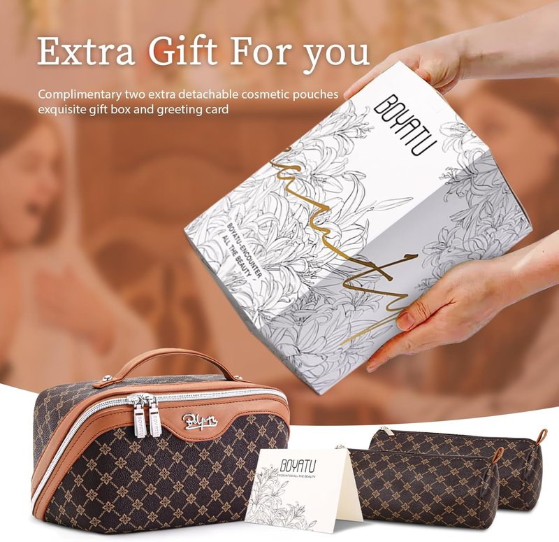 Travel Makeup Bag Set - Large Portable Vegan Leather Organizer | 3 Pcs with Handle - Ideal for Toiletries & Essentials (Coffee)