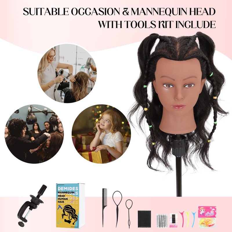 Mannequin Head 100% Real Human Hair 16", Mannequin Head Human Hair Cosmetology Doll Head for Hair Styling, Manikin Head for Braiding with Clamp Holder(Black)