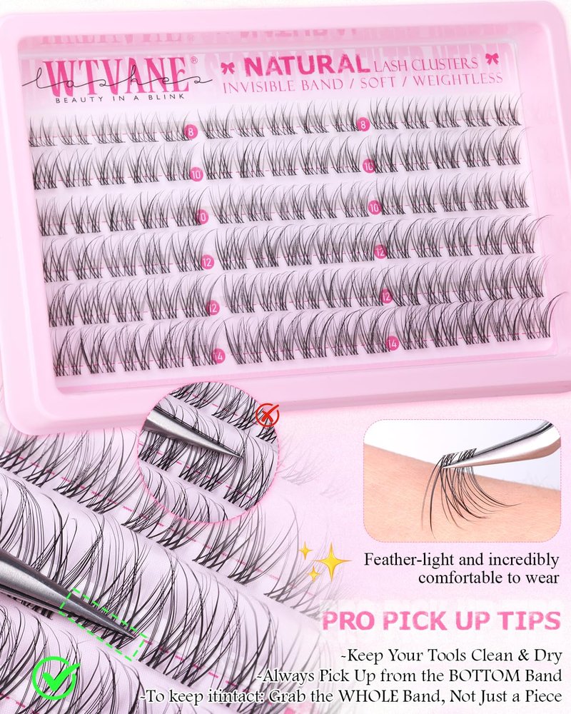 Wtvane Lash Clusters Natural 8-14mm Short Cluster Eyelash Extensions Wispy Eyelash Clusters Clear Band Lashes Clusters Pestañas Postizas Naturales C Curl Individual Lashes Extensions Natural Look