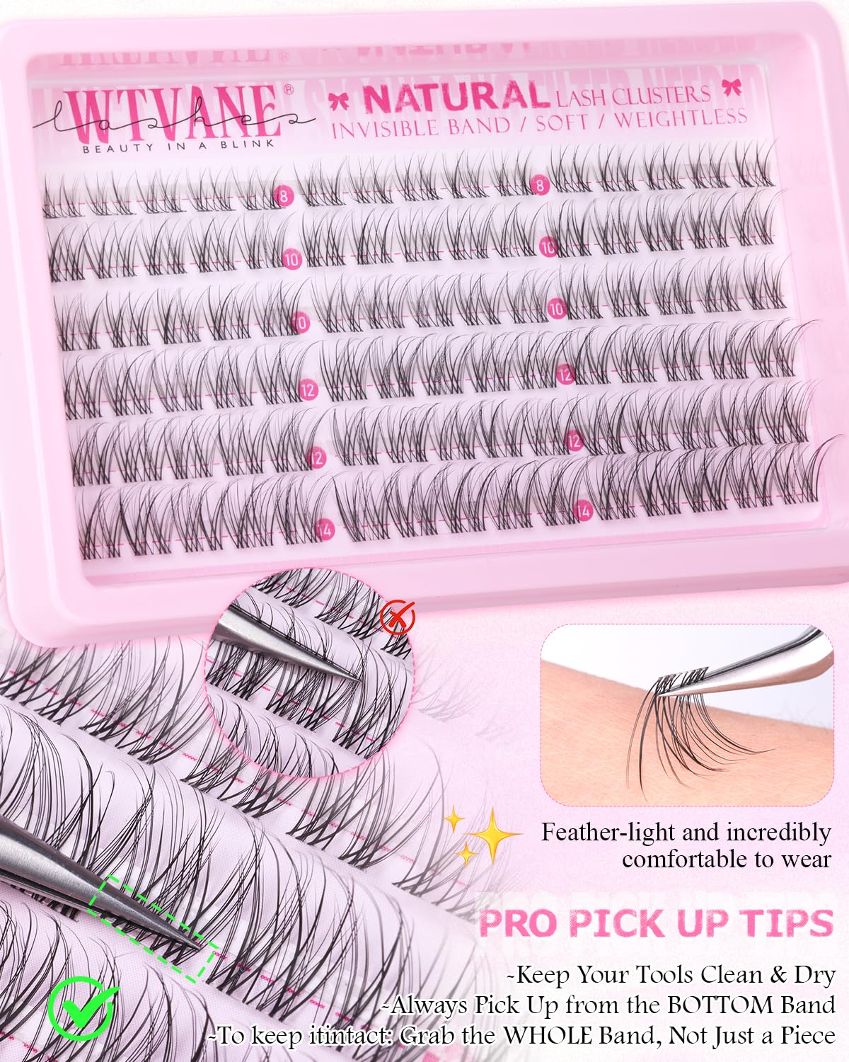 Wtvane Lash Clusters Natural 8-14mm Short Cluster Eyelash Extensions Wispy Eyelash Clusters Clear Band Lashes Clusters Pestañas Postizas Naturales C Curl Individual Lashes Extensions Natural Look