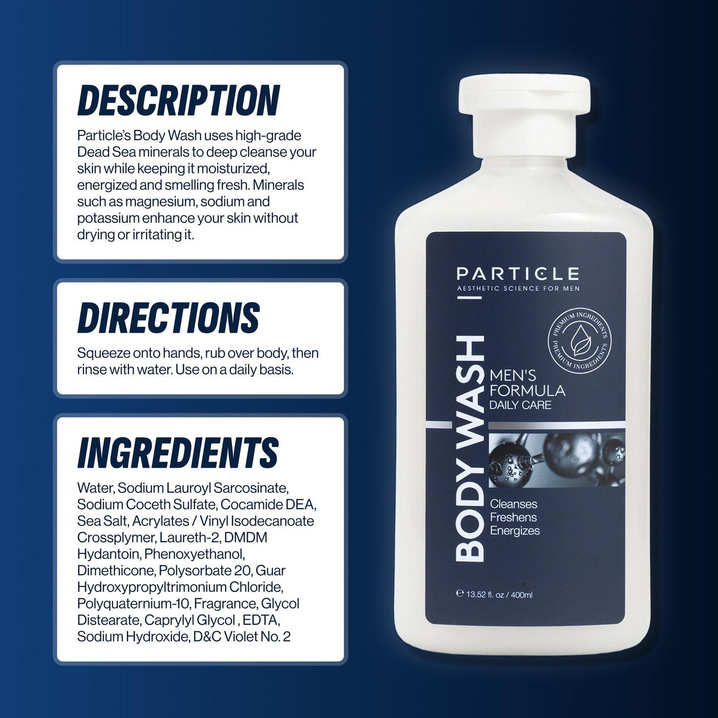 Particle Men’s Body Wash, Daily Skin Care for Men with Dead Sea Minerals, Hydrating Moisturizing Shower Gel and Cleanser for Men, All Skin Types, Fresh Citrus and Woody Scent, 13.52 FL OZ