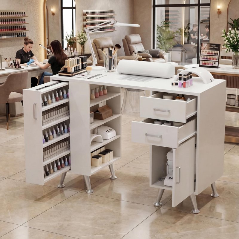 GarveeLife Professional Manicure Table with Dust Collector & Wrist Rest, Vertical Pull-Out Locker Nail Desk with 2 Drawers & 1 Cabinet, Nail Table Salon Station for Home Beauty Center, White