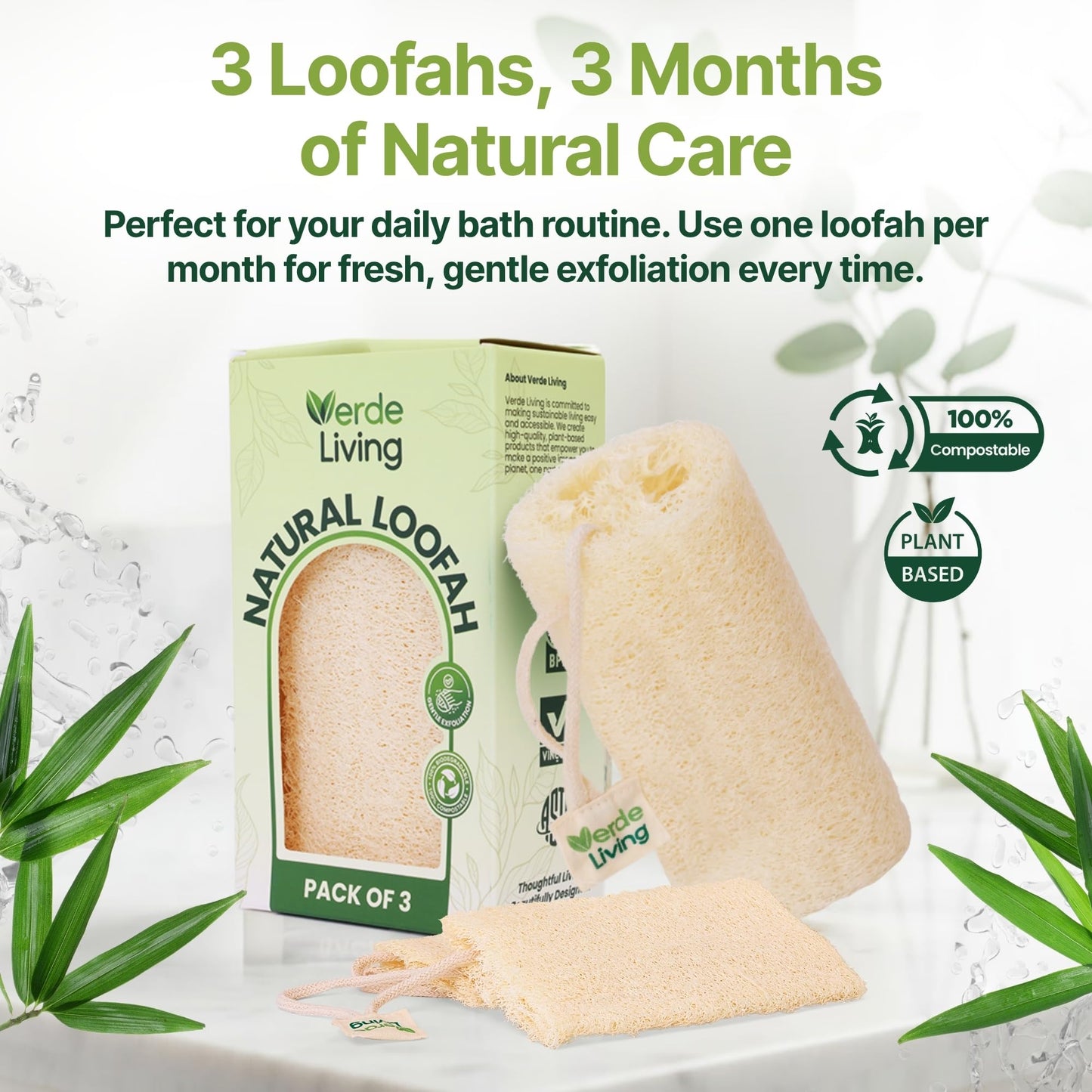 Verde Living 100% Natural Loofah Sponge for Body - $ Loofa Pack 6 Inch Exfoliating Sponge with Drawstring - Large Organic Shower Loofah for Men and Women