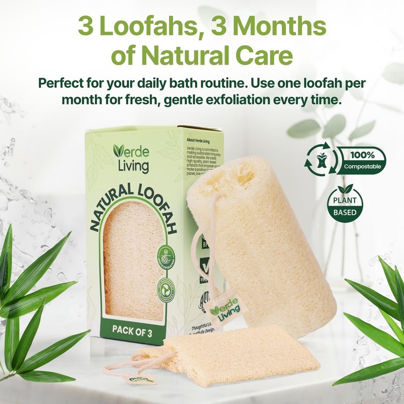 Verde Living 100% Natural Loofah Sponge for Body - $ Loofa Pack 6 Inch Exfoliating Sponge with Drawstring - Large Organic Shower Loofah for Men and Women
