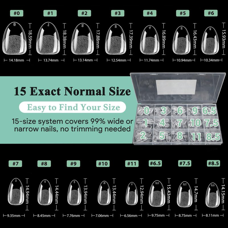 Leykosh Extra Short Almond Nail Tips - 15 Sizes 330PCS Soft Gel Fake Nails, Half Matte Full Cover Pre-Shaped Clear Press On Acrylic Nails No C Curve for Extension, DIY Home Manicure Beauty Gifts