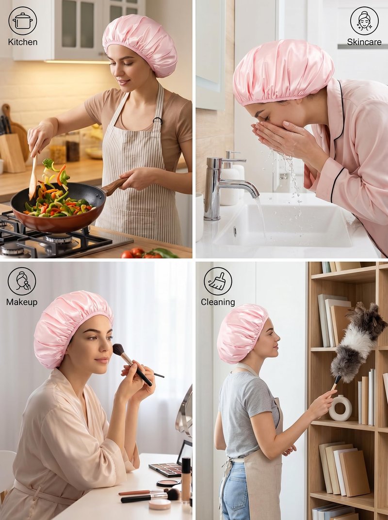 Aquior Shower Cap,Triple Layer Shower Cap for Women, Reusable Waterproof Bath Cap,Silky Satin Outer Layer Terry Lining, Extra Large for Women Long Hair(Pink)