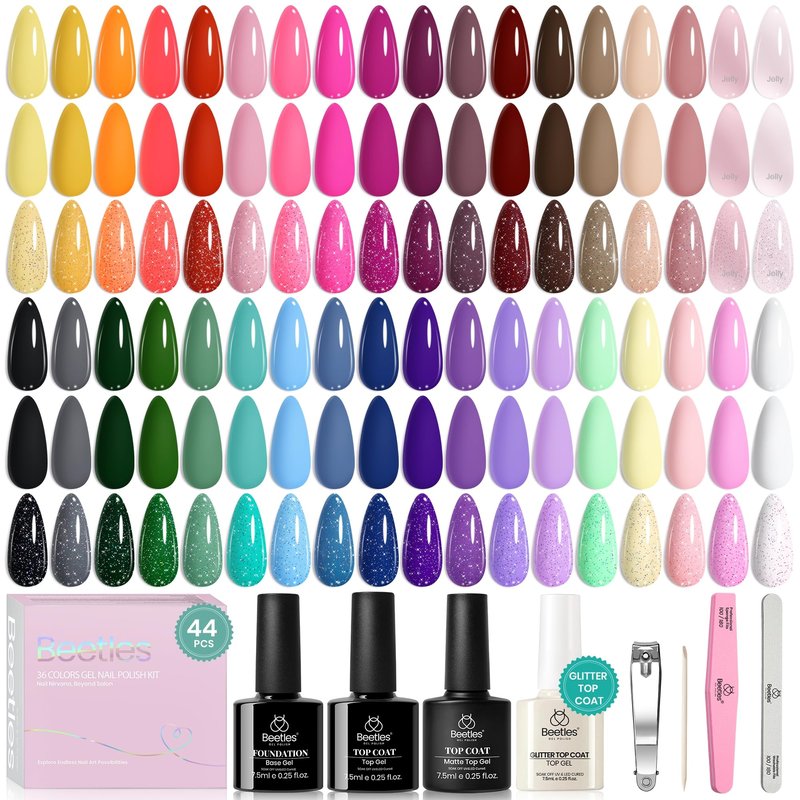 beetles Gel Polish Set Vivid Seasons - Spring Gel Nail Polish Set 36 Colors Pink Yellow Green Purple Jelly Shades 45pcs with Base & Top Coat UV LED Soak Off DIY Salon Summer Gift for Women & Girls