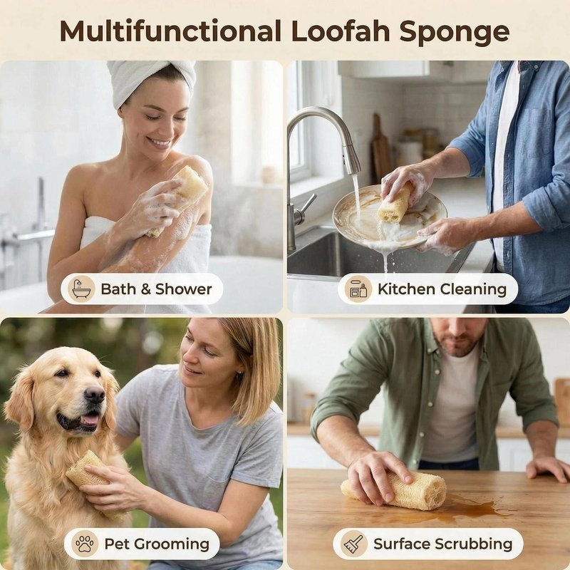 Natural Organic Loofah Sponge 4 Pack, Exfoliating Body Scrubber for Shower Bath, 100% Biodegradable Gentle Luffa for Sensitive Skin, Multi‑Purpose Cleaning Tool