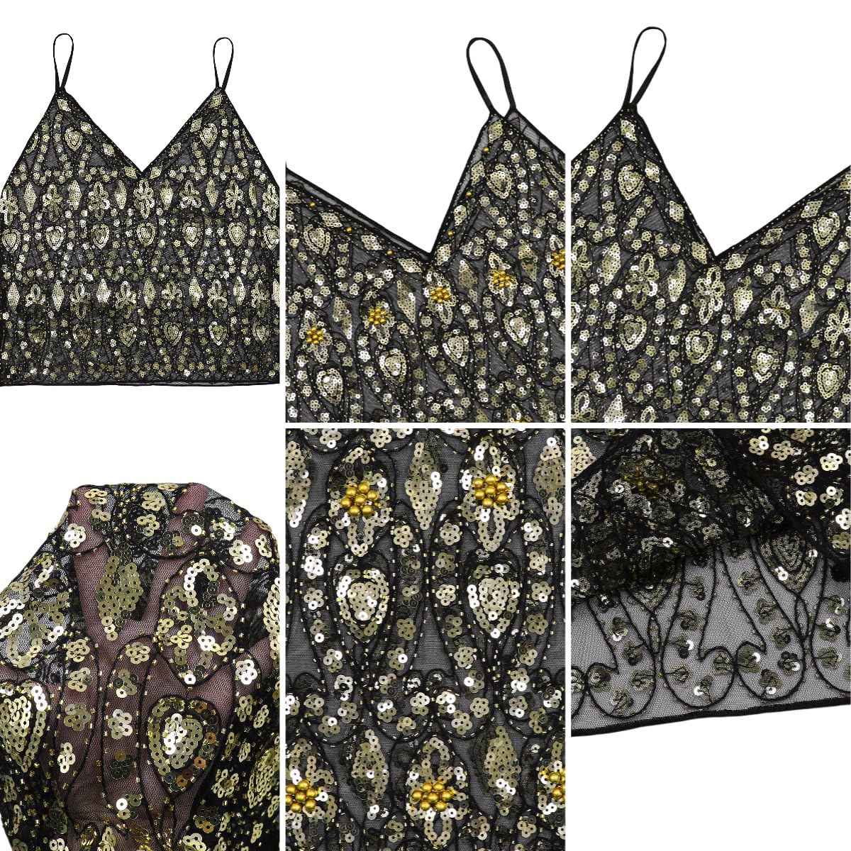 Suillty Women's Sparkly Sequin Beaded Camisole Sexy V-Neck Sheer Mesh Tank Top Party Clubwear Going Out Vest