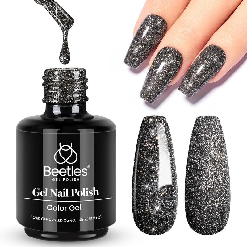 Beetles Black Gel Nail Polish - 15ML Glitter Reflective Shimmer for Stunning DIY Nail Art