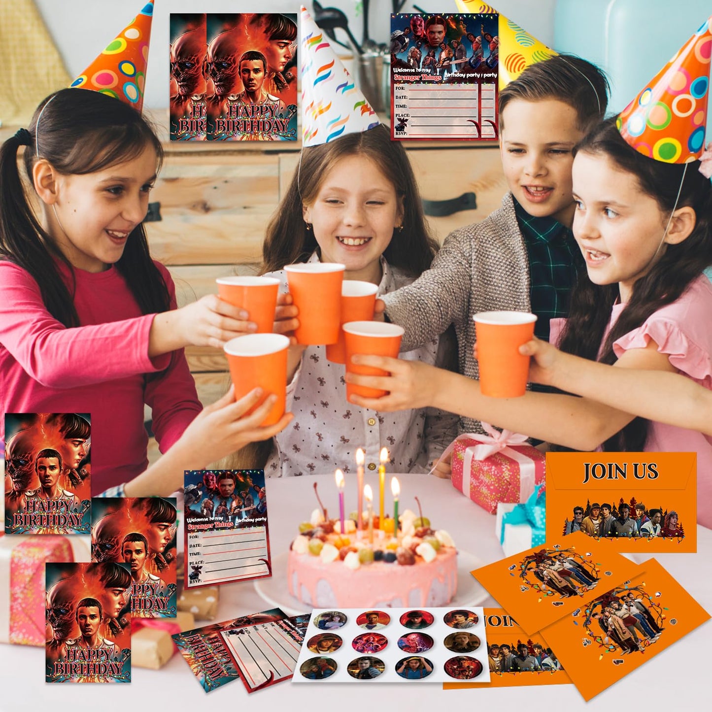 Tsalei 36 Pcs Horror Theme Birthday Invitations, Stranger 5 Movie Birthday Party Invitations, Includes 12 invitation cards, 12 envelopes, and 12 stickers.