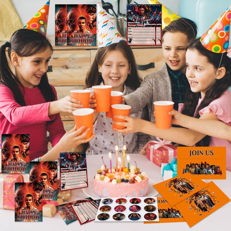 Tsalei 36 Pcs Horror Theme Birthday Invitations, Stranger 5 Movie Birthday Party Invitations, Includes 12 invitation cards, 12 envelopes, and 12 stickers.
