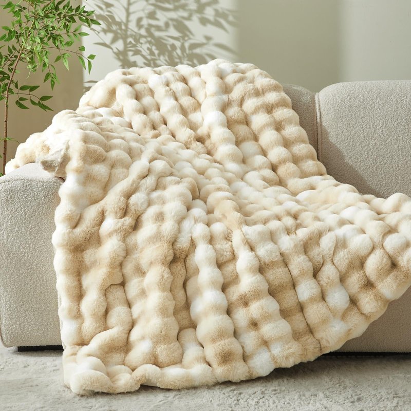 BEDELITE Faux Fur Throw Blanket for Couch, Decorative Tie-Dye Khaki Plush Bubble Blanket - Super Soft & Cozy Fluffy Faux Rabbit Fur Blanket for Women Gift, 50x60 Inches