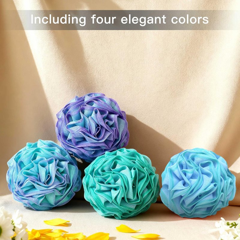 Loofah Bath Sponge | Large Exfoliating Flower Body Scrubber - Soft, Durable & Rich Lather | 4-Piece Set (Green-Blue)
