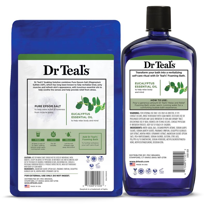Dr Teal's Pure Epsom Salt Soak and Foaming Bath, Relax & Relief with Eucalyptus & Spearmint, Combo Pack