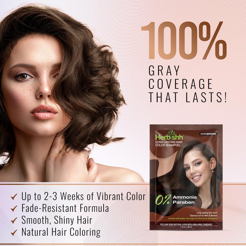 Herbishh 1 Hair Dye Instant Permanent Shampoo 3 in 1 for Gray Hair, 100% Grey Coverage for Men & Women + 1 Hair Mask with Argan oil, Long-lasting & Travel-friendly, Ammonia-free, 30 ml (Dark Brown)