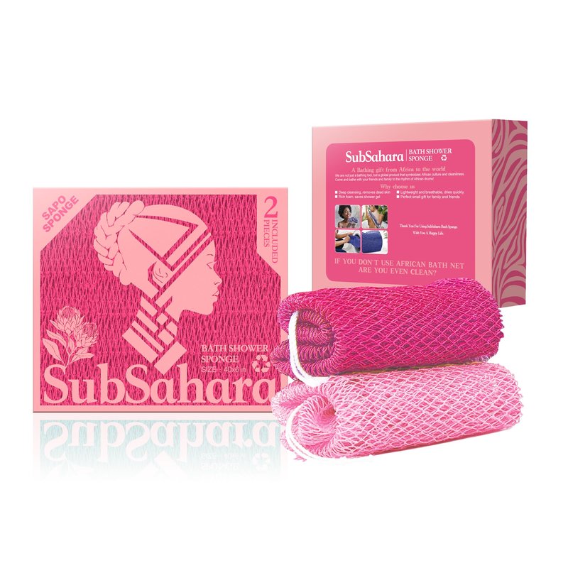 SubSahara Authentic African Net Sponge - 2 Pack Exfoliating Bath & Shower Loofah Sponge for Body & Face, Gentle Scrubber for All Skin Types, Travel, Durable (Dark Pink & Light Pink)