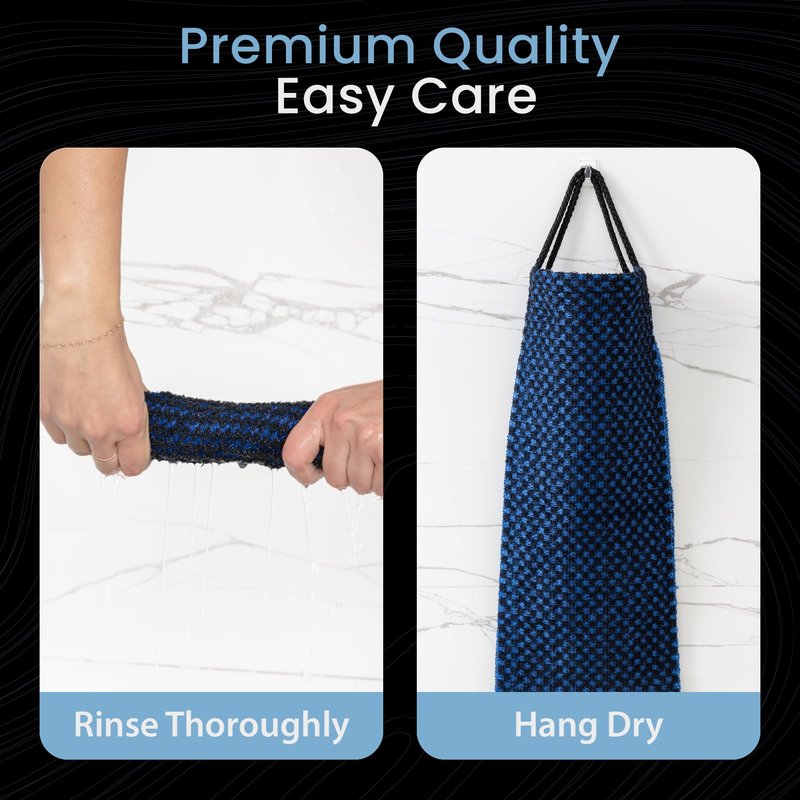 Japanese Exfoliating Washcloth for Back & Body 2-Pack - Charcoal & Silver Ion Exfoliating Towel with Handles - Two-Sided Gentle Exfoliation & Deep Cleanse Body Wash Cloths for Shower - 1 White, 1 Blue