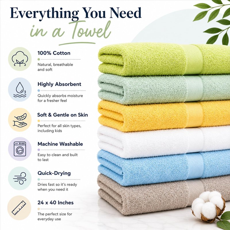 Groko Textiles Small and Lightweight Cotton Towels Assorted Pastel Mix 24 x 40 inches Towels (6) Perfect Size for Hair Drying and Small Children
