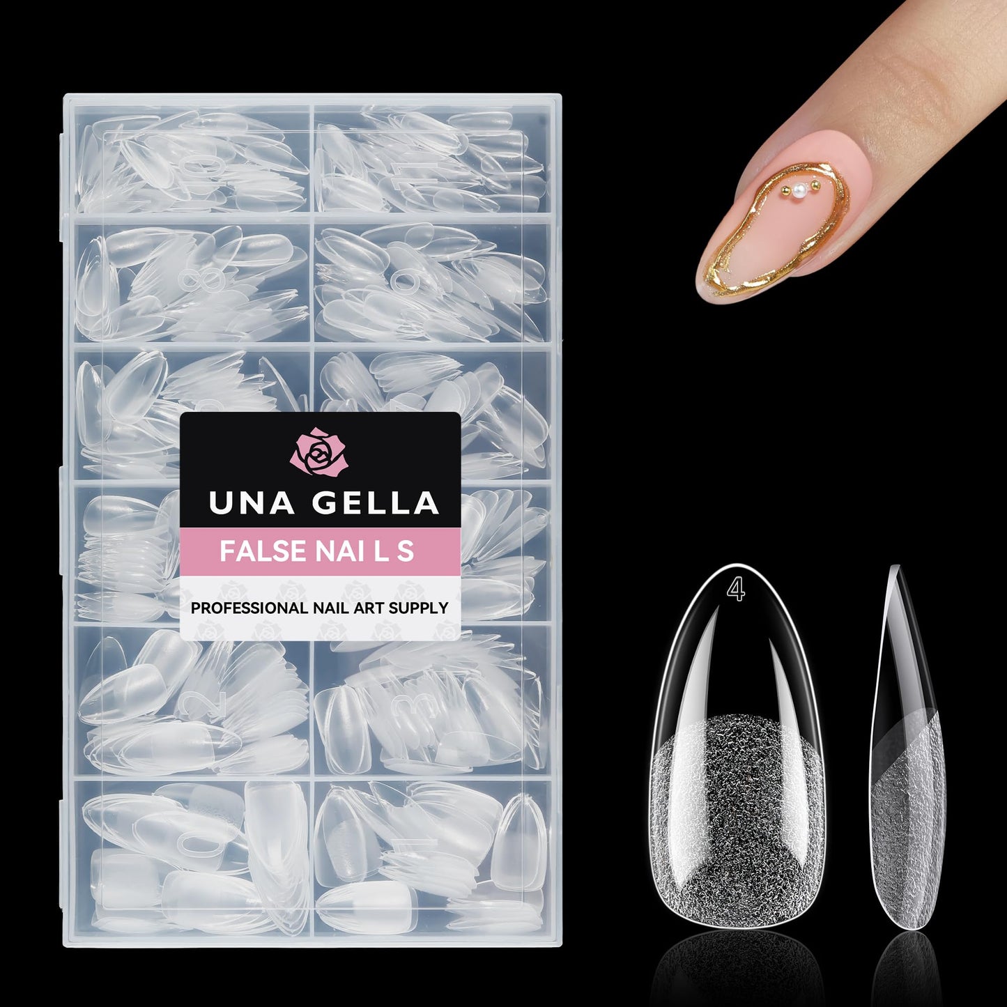 UNA GELLA Medium Almond Nail Tips, 312pcs Gel Nail Tips Almond Shape, Pre Etched Full Cover Clear Fake Acrylic Pointed Press On Nails No C Curve for Nails Extension Art DIY Salon 12 Sizes