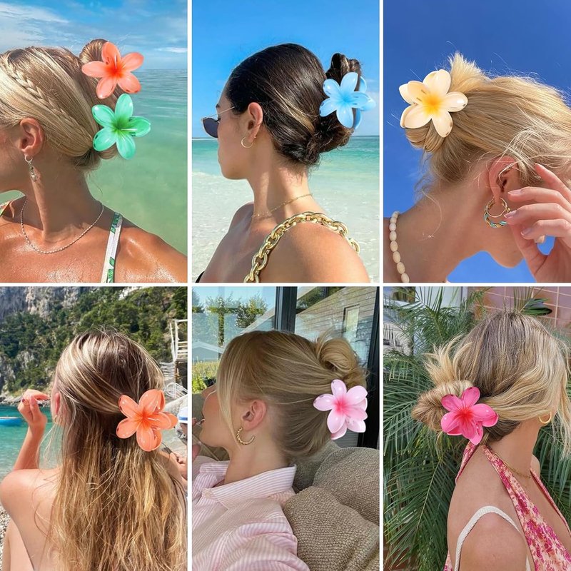 CHANDAT Flower Hair Clips 6 PCS Hawaiian Claw Clips for Vacation Hibiscus Hair Claw Clips Cute Large Hair Clips for Thick and Thin Hair Plumeria Hair Accessories for Women Girls - Blossom