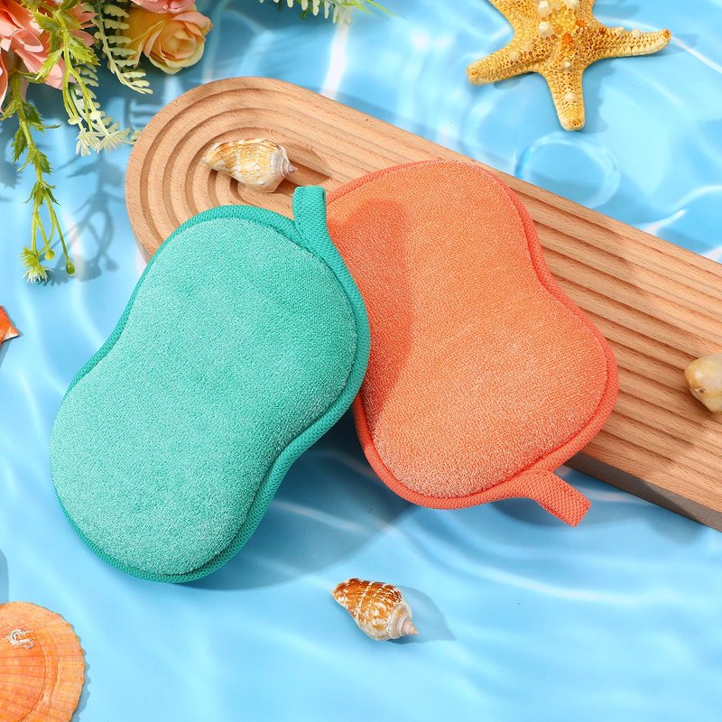 MBAIYO Baby Bath Sponge, 2 Pcs Gourd Shower Cotton Sponge for Softly Bathing Double-Sided Absorbent Loofah Green Orange Reuseable Soft Plantfiber Sponges Hanging Hole Exfoliating Body Women Men