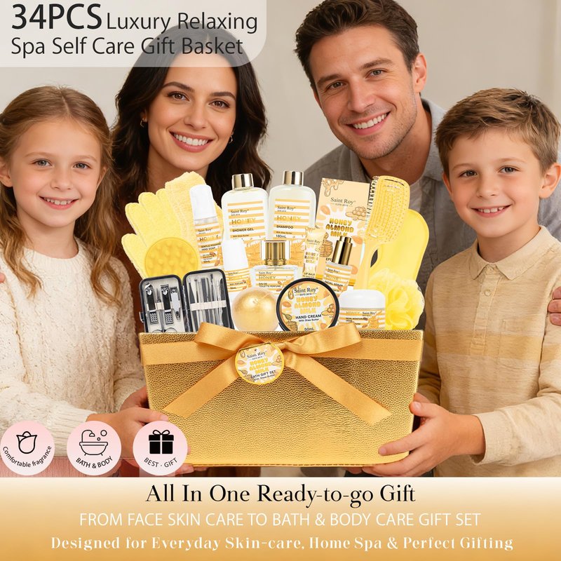 34 Pcs Skin care kit Spa Gift Set for Women & Men, Honey & Almond Milk Bath & Body Gift Basket, Face Skin Care Kit with Shower Gel, Self-Care Manicure, Birthday, Christmas, Mother Day, Anniversary