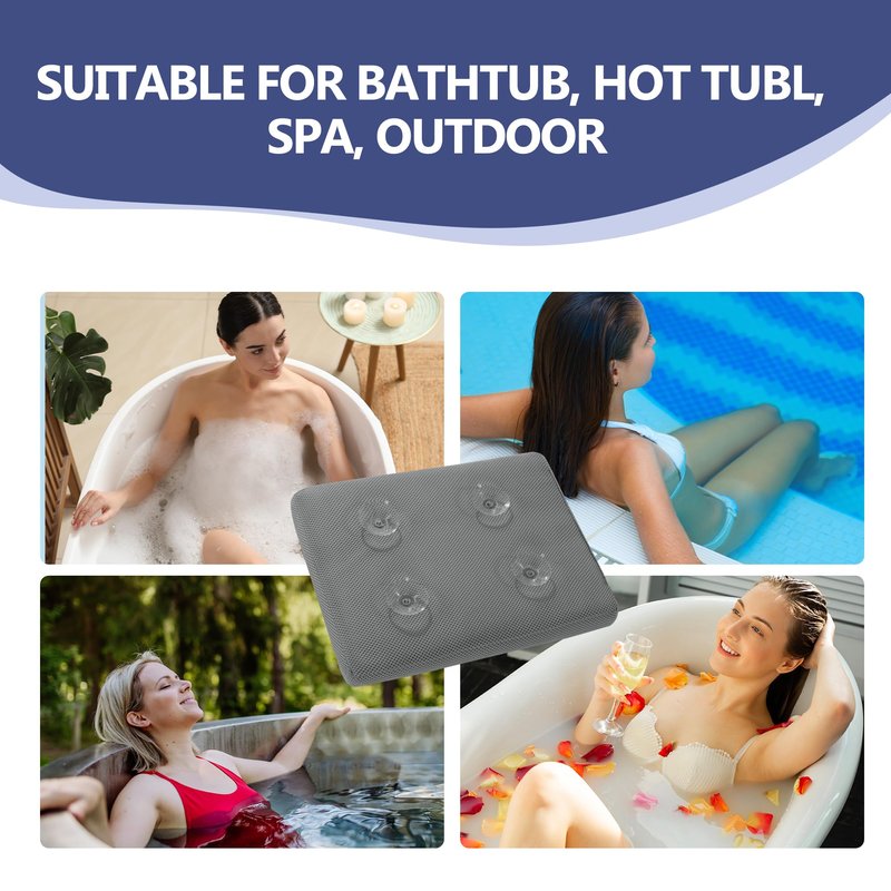 MABOZOO Bath Cushion for Tub with Powerful 4 Non-Slip Suction Cups,Quick Dry Mesh Bathtub Mat,Spa Pillow Bath Accessories for Adults Indoor Outdoor (Gray)