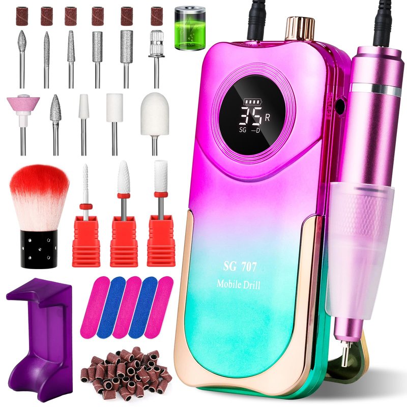 Moskany Professional Electric Nail Drill Kit 35000RPM with 14PCS Bits Purple Green Portable Rechargeable Cordless File Machine for Acrylic Gel Powder Nails and Manicure Pedicure Toenail Tool Salon Set